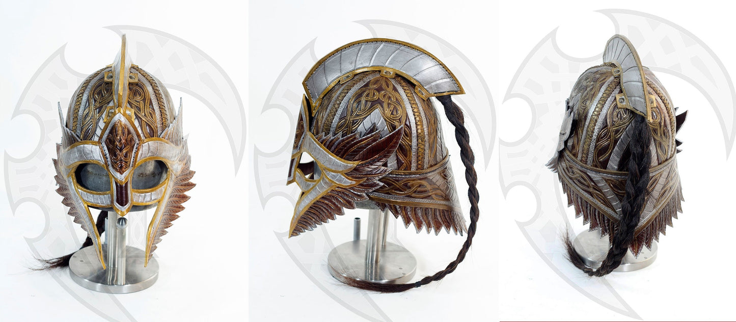 Guilded Valkyrie leather helmet,larp,larper,larping,leathercraft,celtic,viking,armor,armure,armour,women,owl,feather